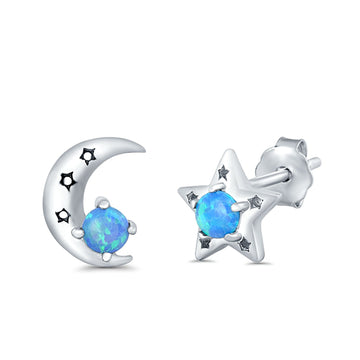 Moon and Star Stud Earrings Lab Created Blue Opal 925 Sterling Silver (7mm)